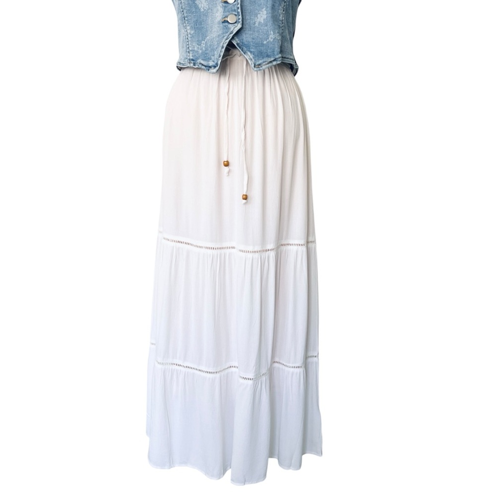 New RACHEL PARCELL Ivory Off-White Midi Skirt Beaded Drawstring Cut Out Details